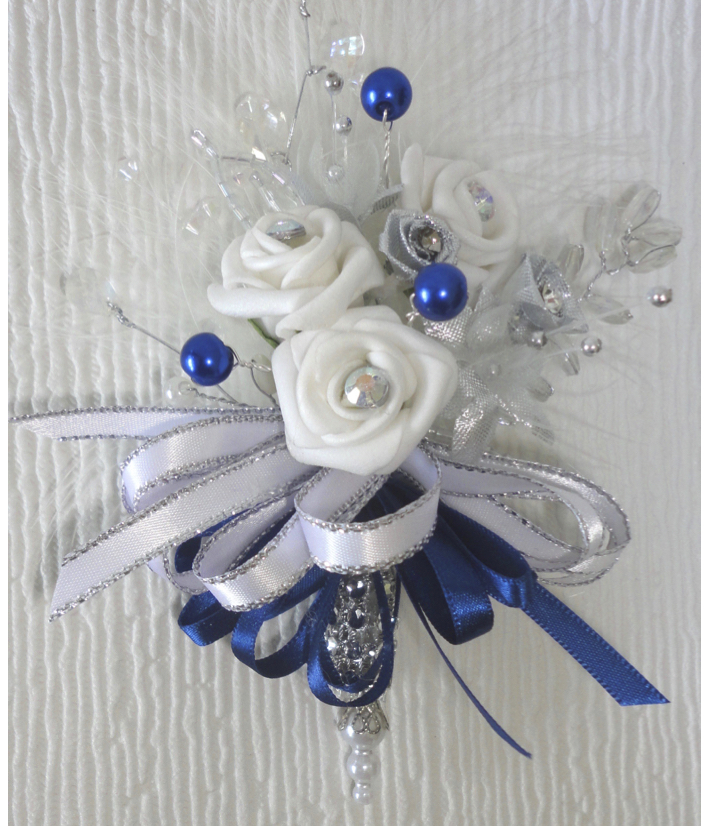 Royal Blue, Silver & White Small Pin On Corsage
